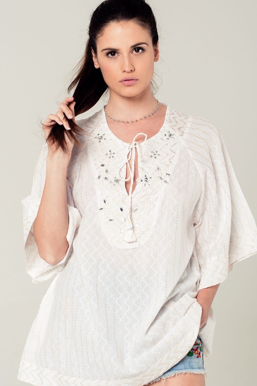 Q2 Women's Blouse Embellished white mini dress with embroidery detailing