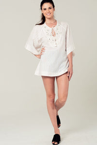 Q2 Women's Blouse Embellished white mini dress with embroidery detailing