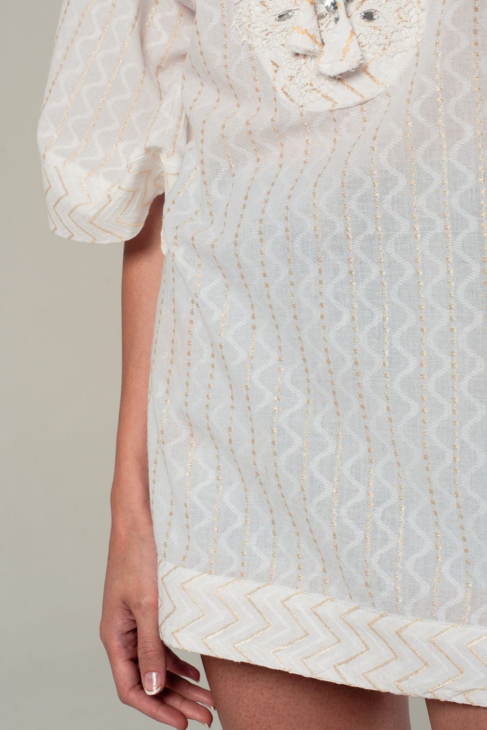 Q2 Women's Blouse Embellished white mini dress with embroidery detailing