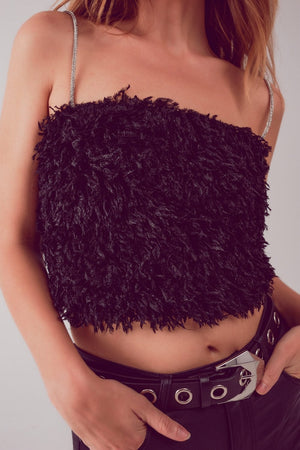 Q2 Women's Blouse Faux Feather Crop Cami in Black