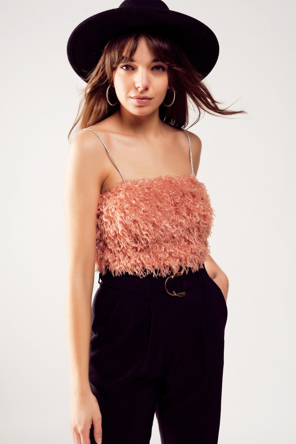 Q2 Women's Blouse Faux Feather Crop Cami in Pink