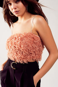 Q2 Women's Blouse Faux Feather Crop Cami in Pink