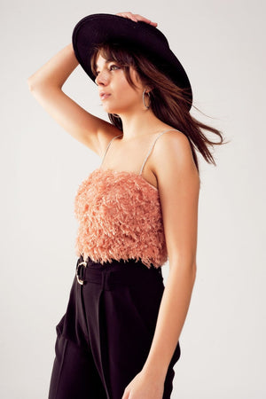 Q2 Women's Blouse Faux Feather Crop Cami in Pink