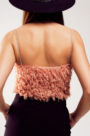 Q2 Women's Blouse Faux Feather Crop Cami in Pink