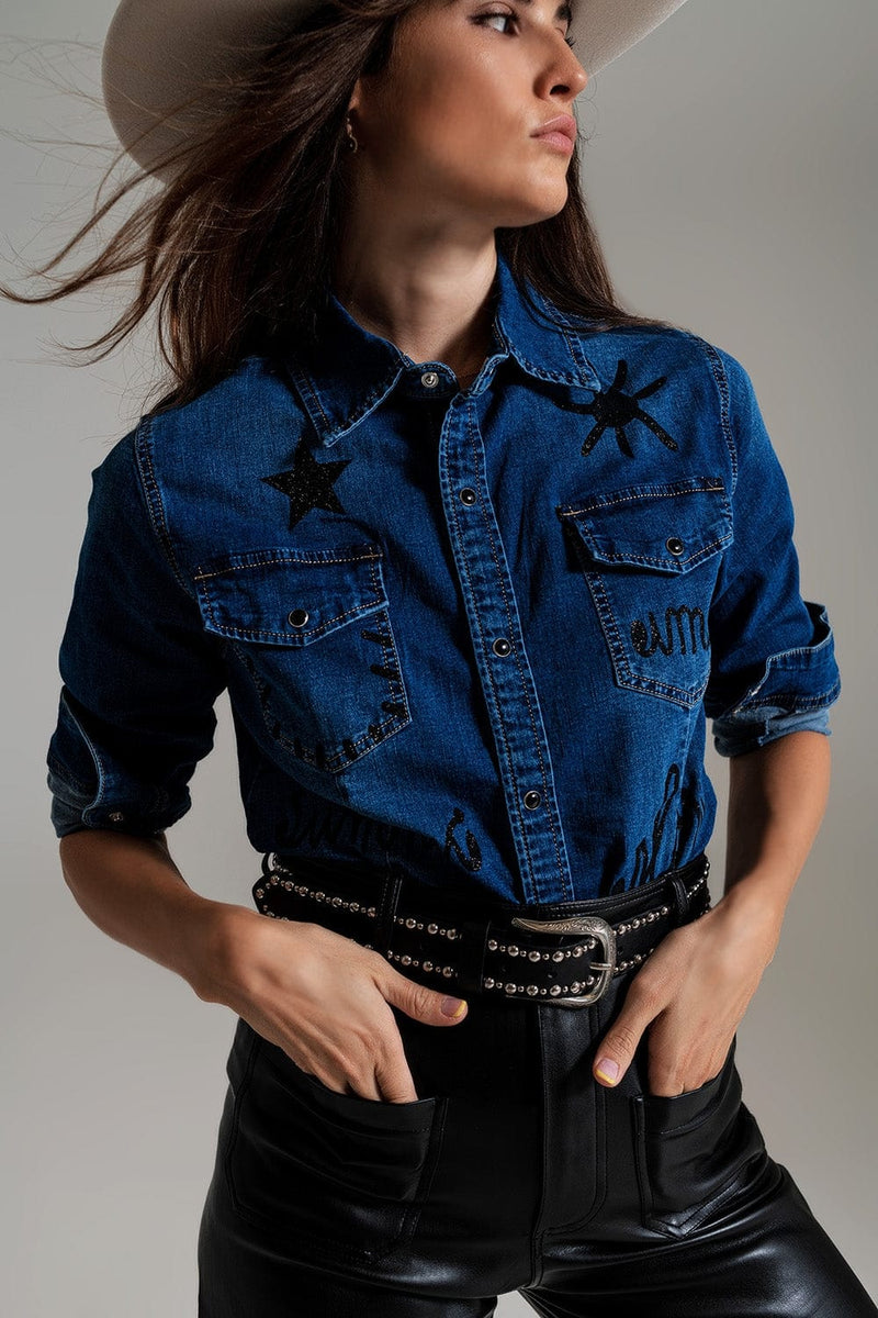 Q2 Women's Blouse Fitted Denim Shirt With Black Graphic Details With Strass