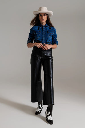 Q2 Women's Blouse Fitted Denim Shirt With Black Graphic Details With Strass