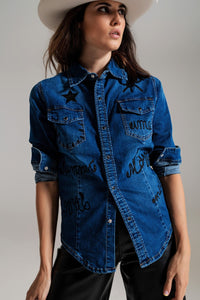 Q2 Women's Blouse Fitted Denim Shirt With Black Graphic Details With Strass