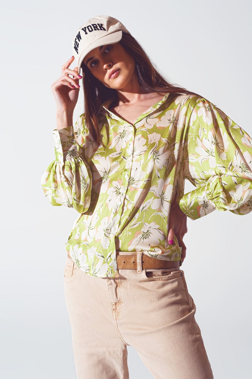 Q2 Women's Blouse Floral Print Chiffon Shirt in Green