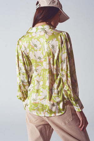 Q2 Women's Blouse Floral Print Chiffon Shirt in Green