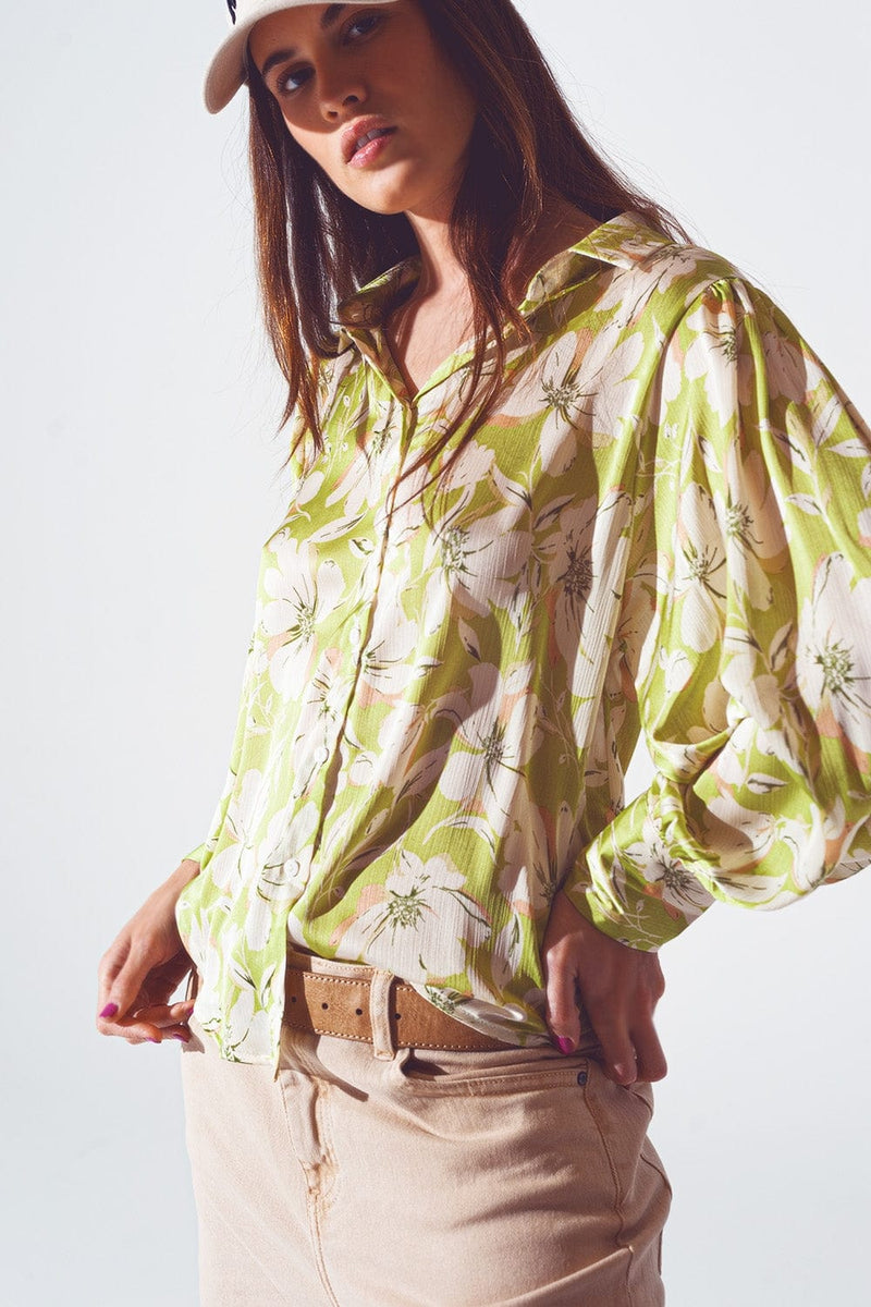 Q2 Women's Blouse Floral Print Chiffon Shirt in Green