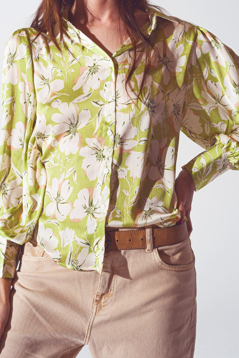 Q2 Women's Blouse Floral Print Chiffon Shirt in Green