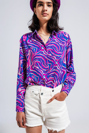 Q2 Women's Blouse Fluid Shirt in Bright Abstract Purple