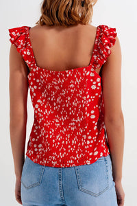 Q2 Women's Blouse Frill Strap Cami Top in Red Ditsy Floral Print