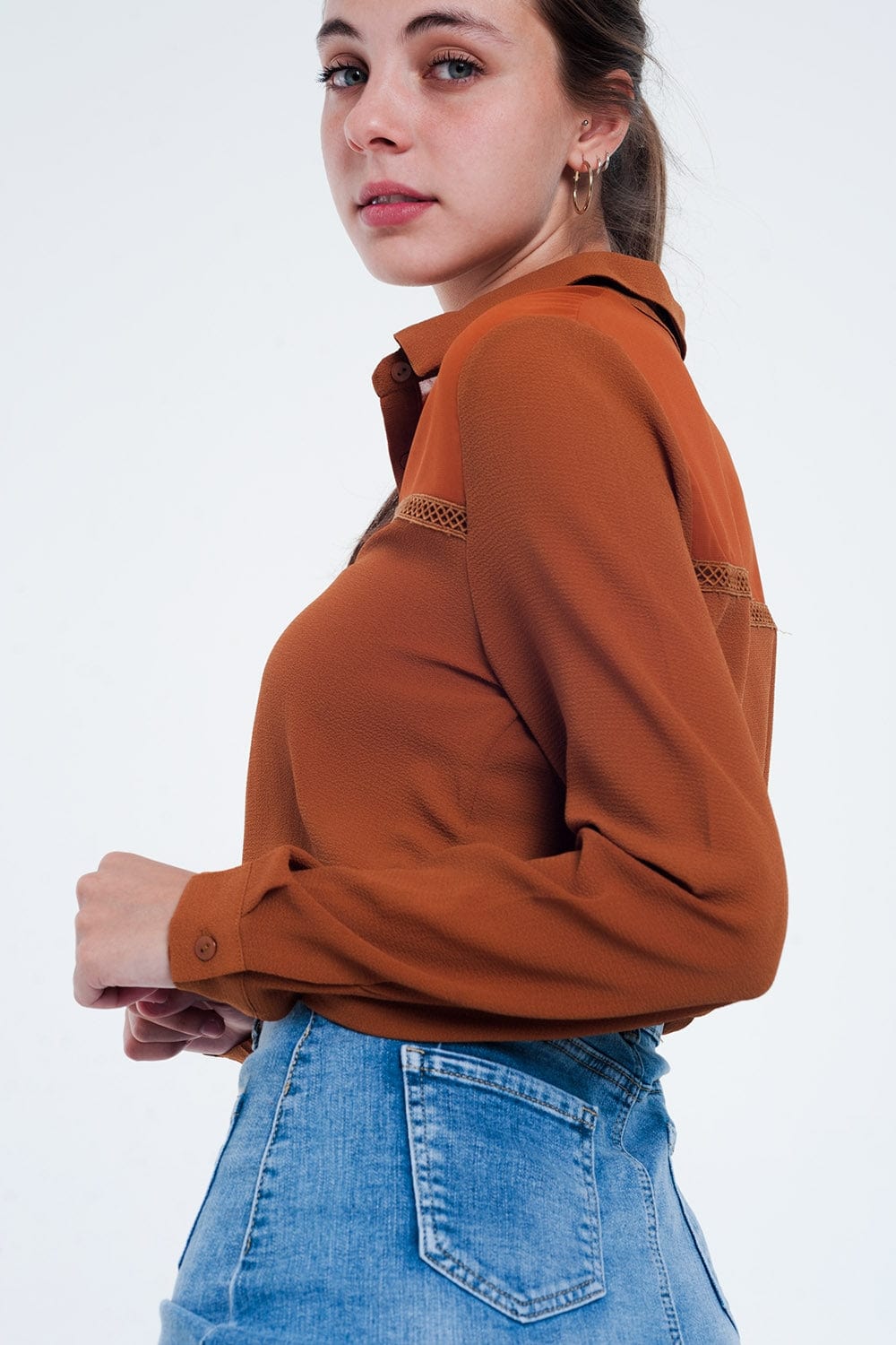 Q2 Women's Blouse Front Insert Blouse Orange