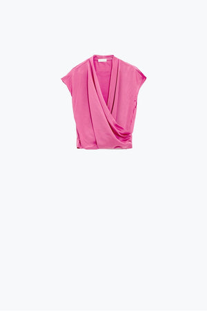 Q2 Women's Blouse Fuchsia Crossed Silk Top With V-Neck And Short Sleeves