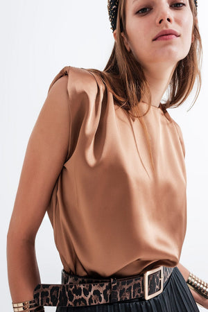 Q2 Women's Blouse Gathered Satin Shoulder Pad Sleeveless top in Gold