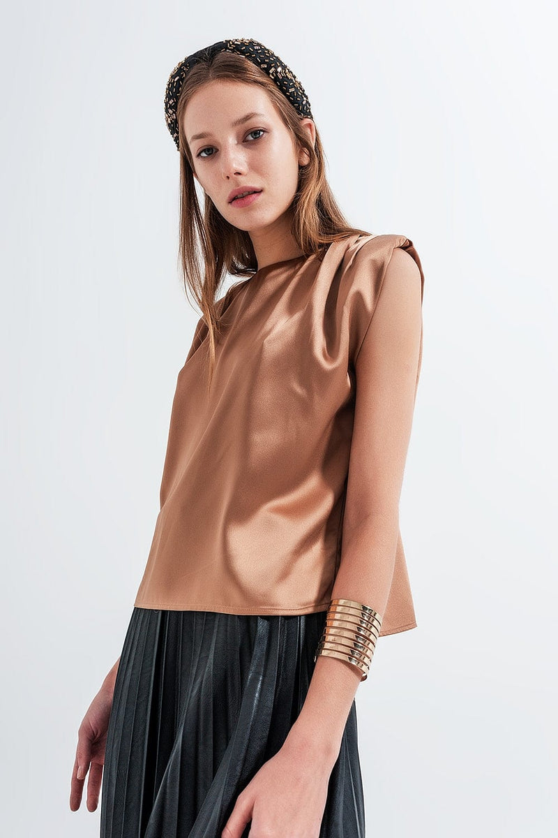Q2 Women's Blouse Gathered Satin Shoulder Pad Sleeveless top in Gold