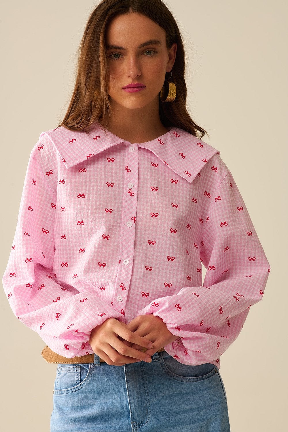 Q2 Women's Blouse Gingham Peter Pan Collar Blouse In Pink With Bow Print