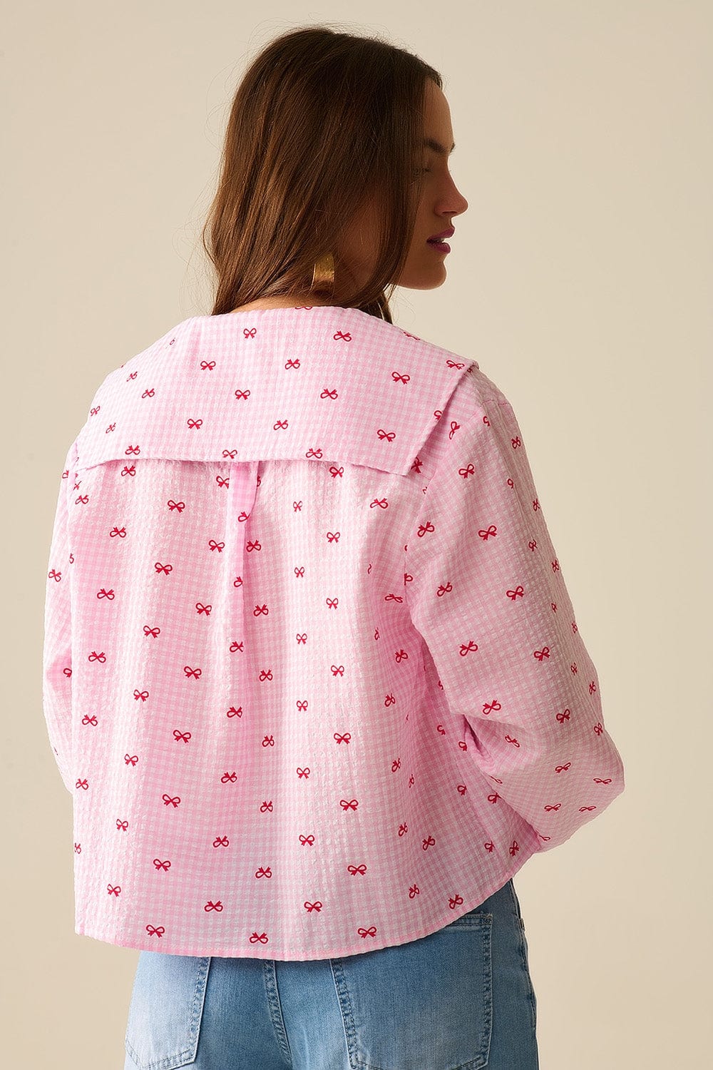 Q2 Women's Blouse Gingham Peter Pan Collar Blouse In Pink With Bow Print