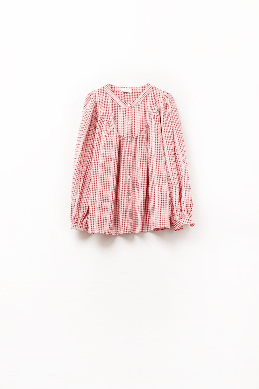 Q2 Women's Blouse Gingham Red And White Collarless Blouse With Wide Sleeves