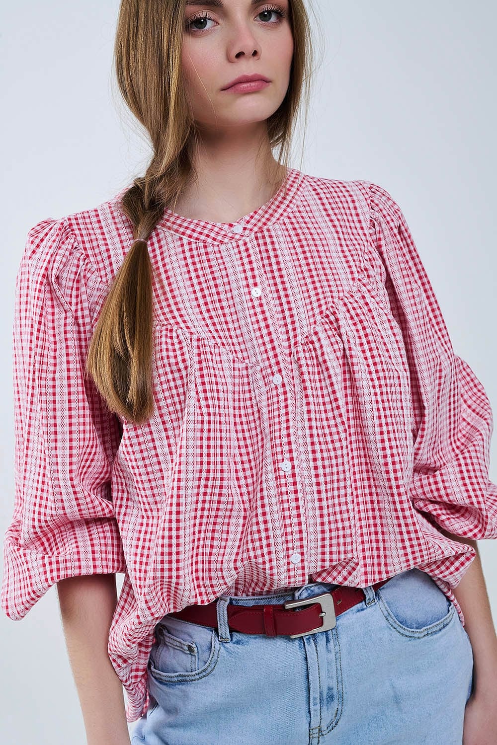Q2 Women's Blouse Gingham Red And White Collarless Blouse With Wide Sleeves