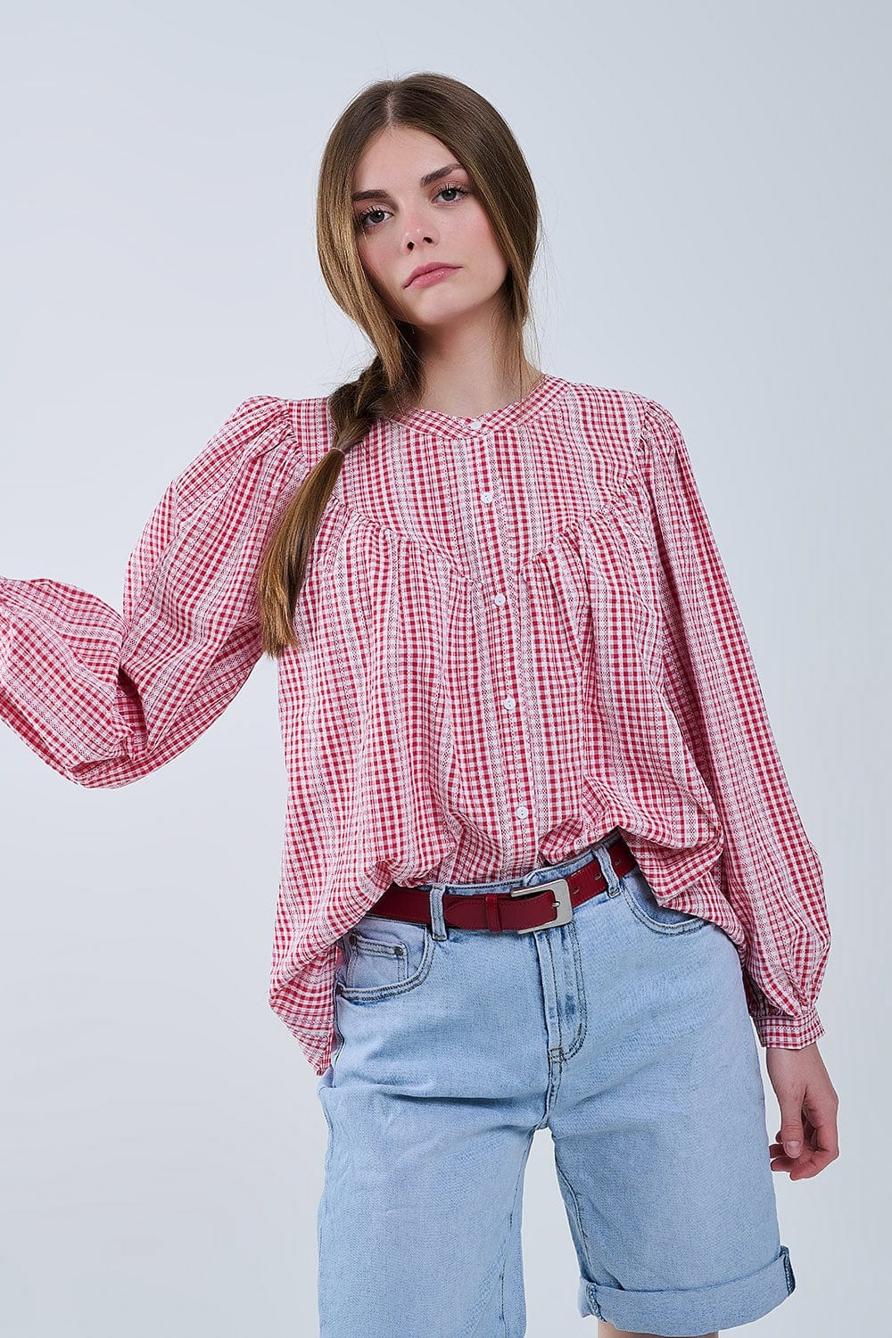 Q2 Women's Blouse Gingham Red And White Collarless Blouse With Wide Sleeves
