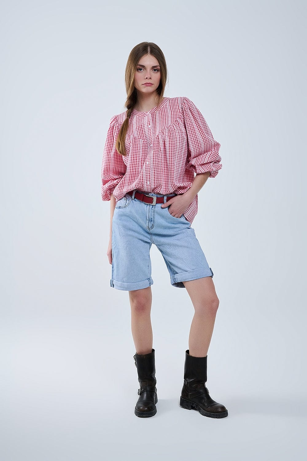 Q2 Women's Blouse Gingham Red And White Collarless Blouse With Wide Sleeves