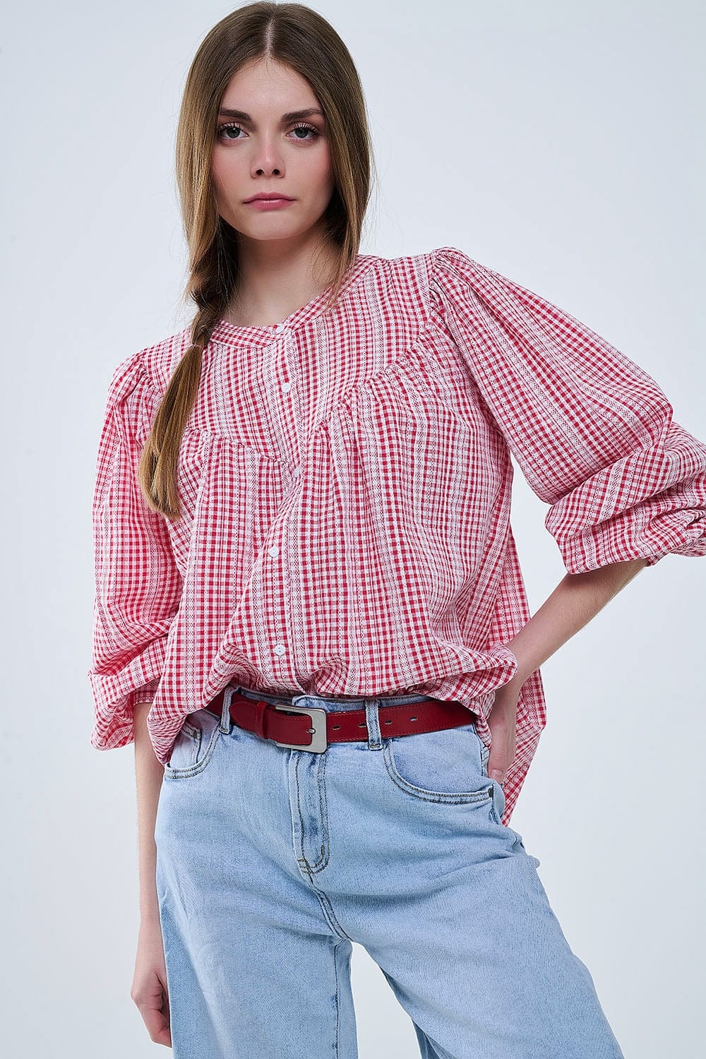 Q2 Women's Blouse Gingham Red And White Collarless Blouse With Wide Sleeves