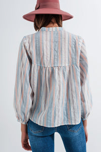 Q2 Women's Blouse Grandad Shirt in Blue Stripe