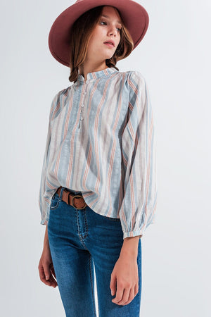 Q2 Women's Blouse Grandad Shirt in Blue Stripe