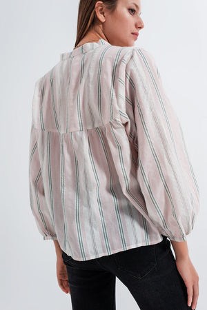 Q2 Women's Blouse Grandad Shirt in Pink Stripe