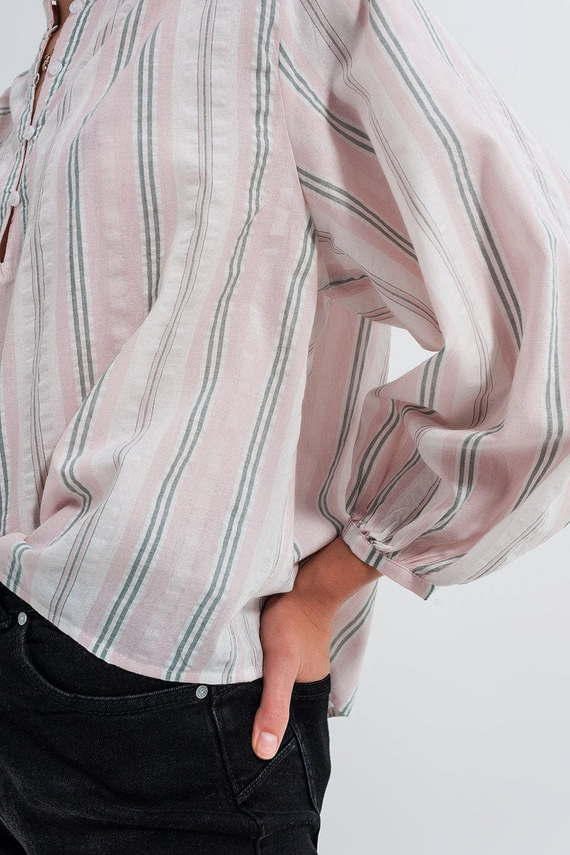 Q2 Women's Blouse Grandad Shirt in Pink Stripe