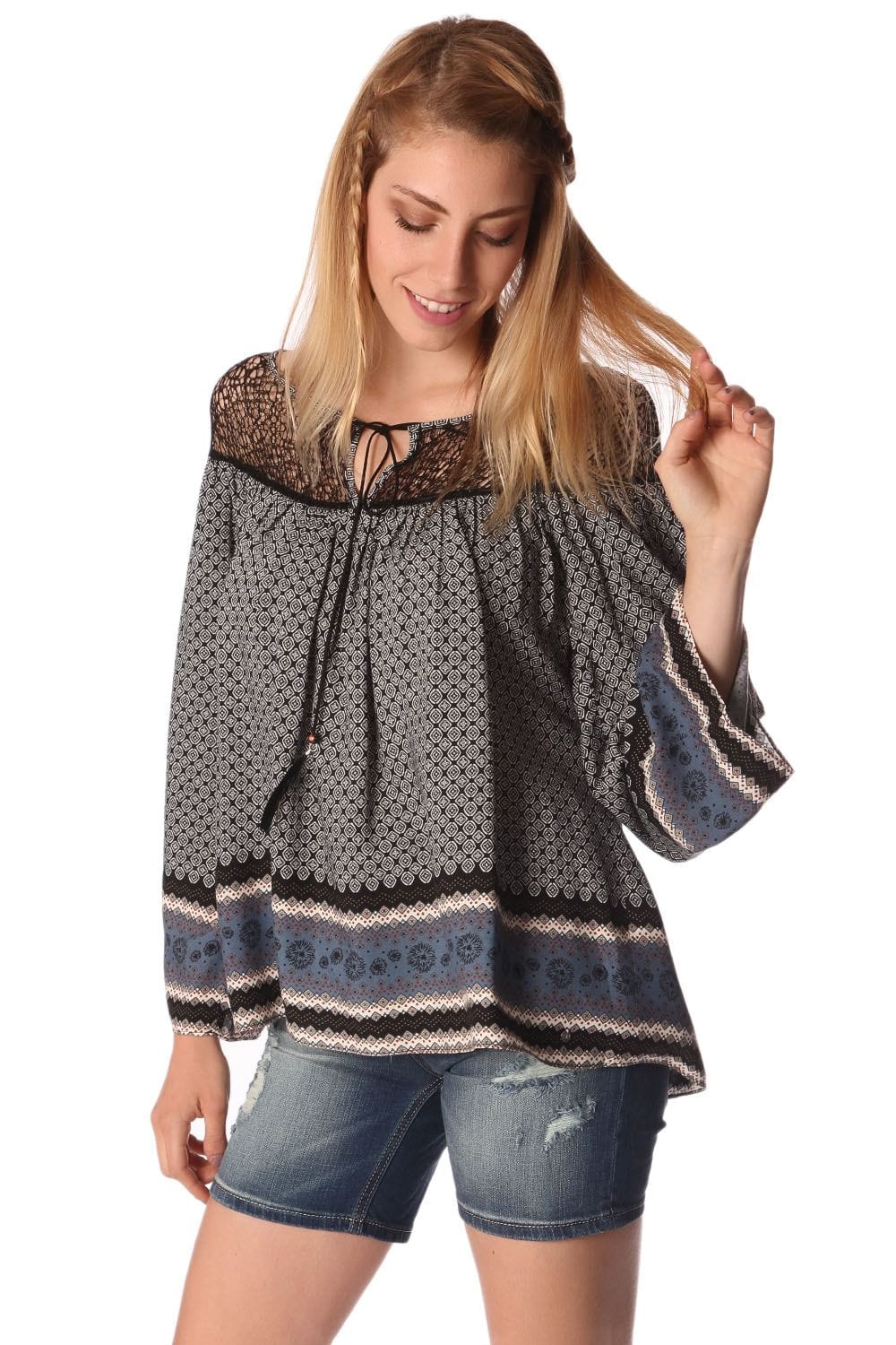 Q2 Women's Blouse Gray paisley print blouse with cage detail