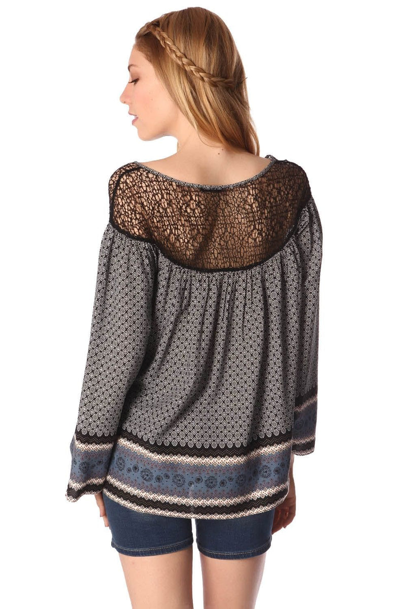 Q2 Women's Blouse Gray paisley print blouse with cage detail