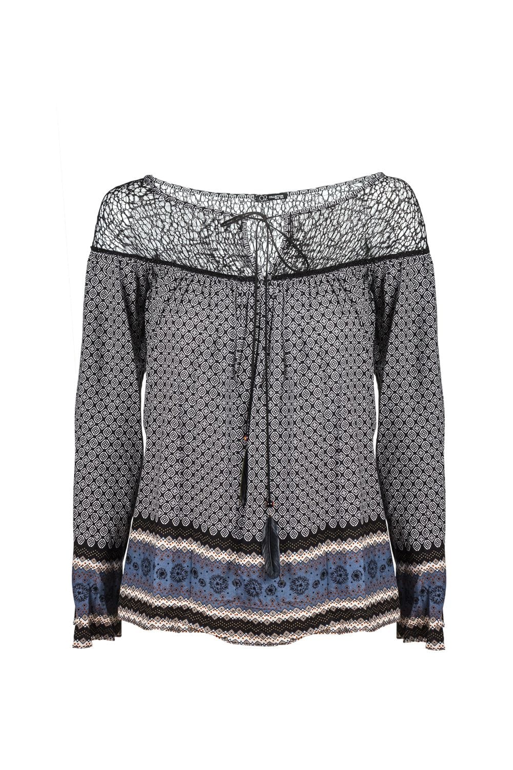 Q2 Women's Blouse Gray paisley print blouse with cage detail