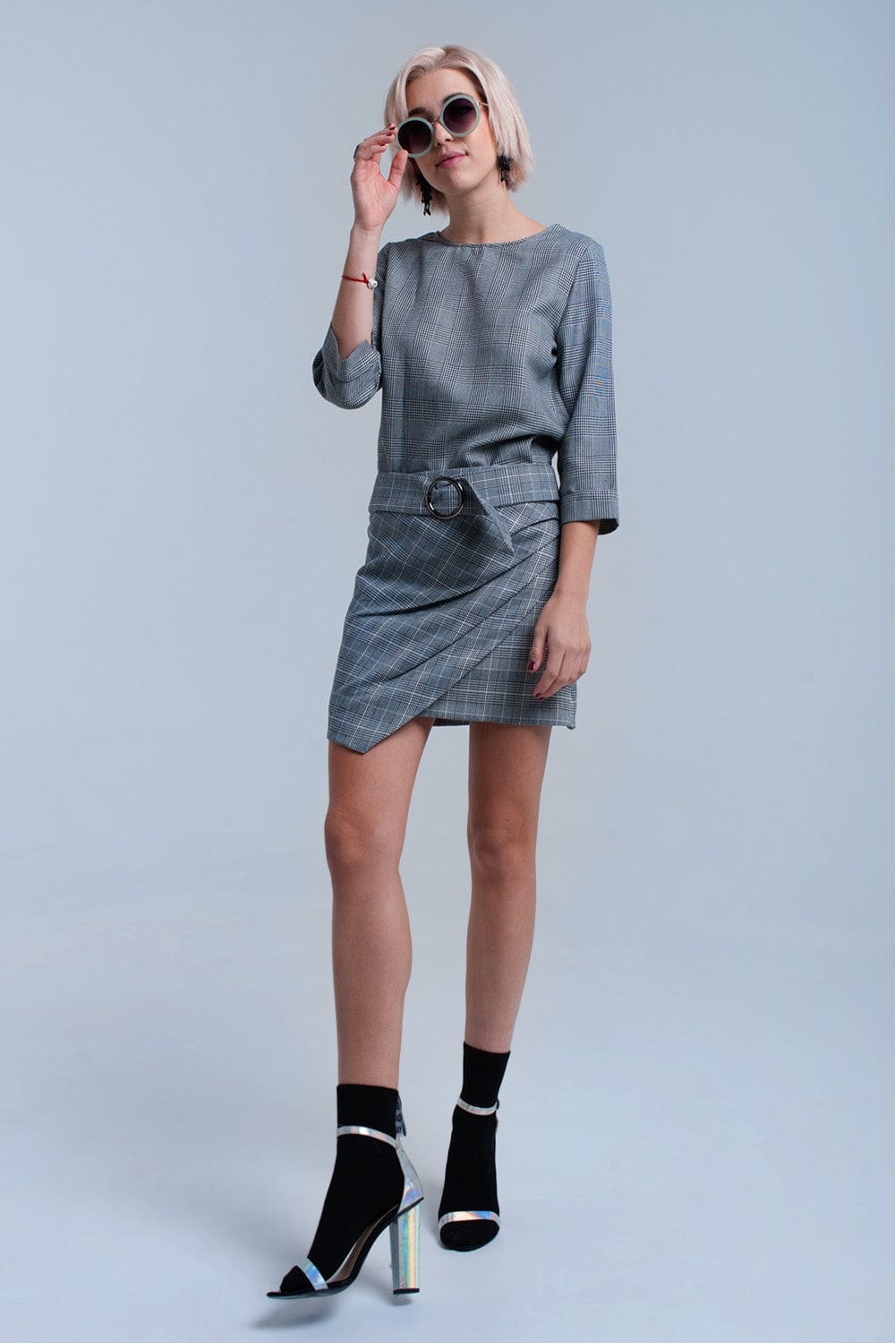 Q2 Women's Blouse Gray tartan pattern top with ribbons