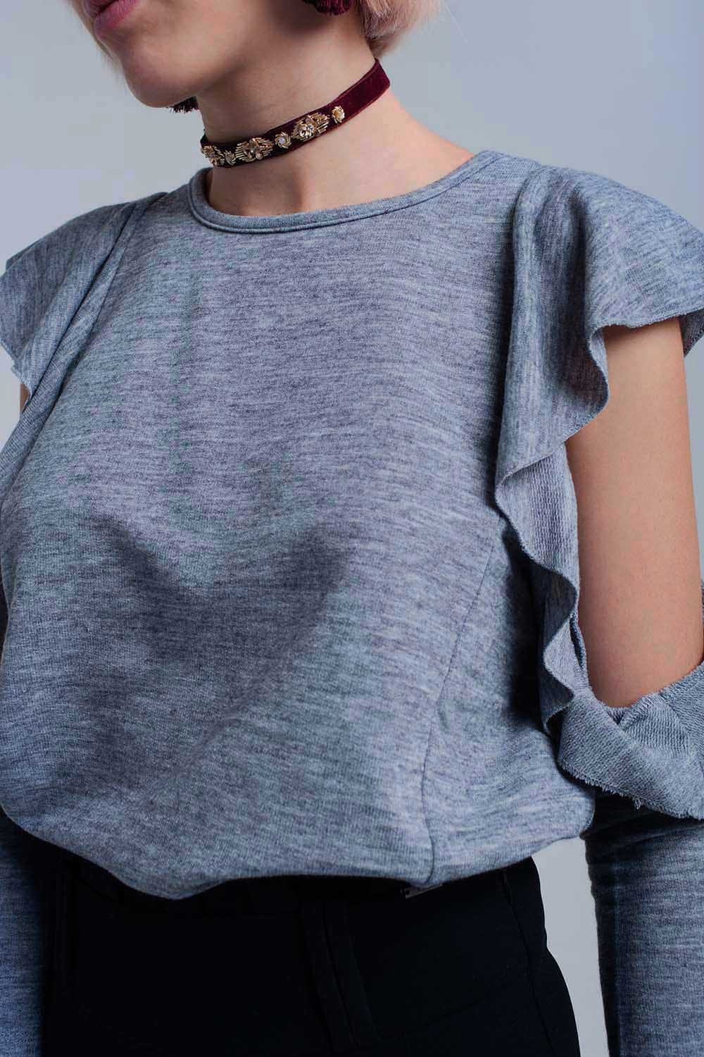 Q2 Women's Blouse Gray top with ruffle and open detail