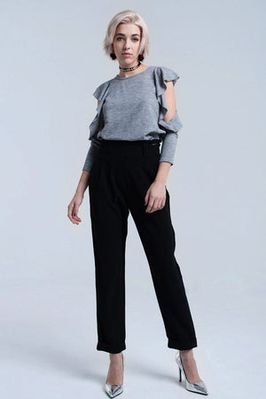 Q2 Women's Blouse Gray top with ruffle and open detail