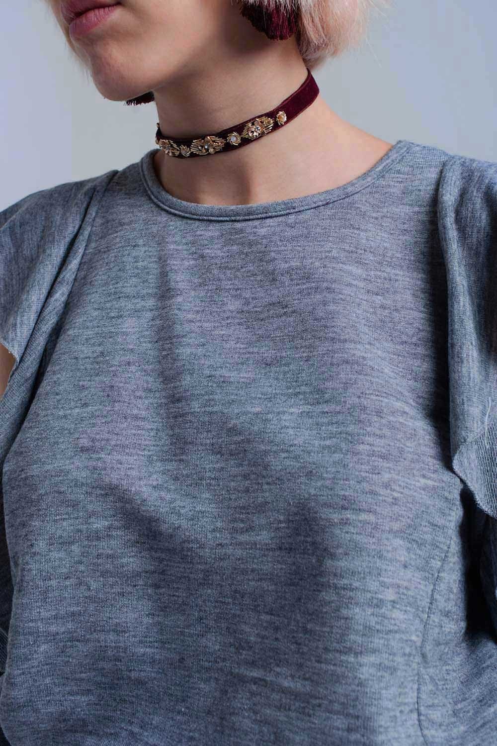 Q2 Women's Blouse Gray top with ruffle and open detail