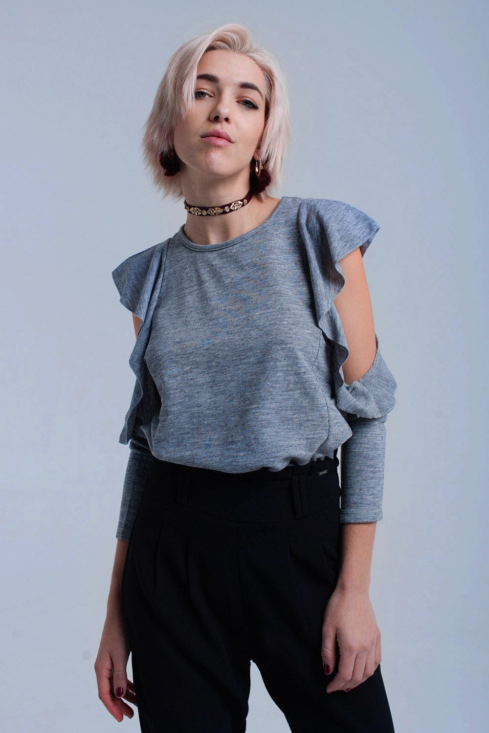 Q2 Women's Blouse Gray top with ruffle and open detail