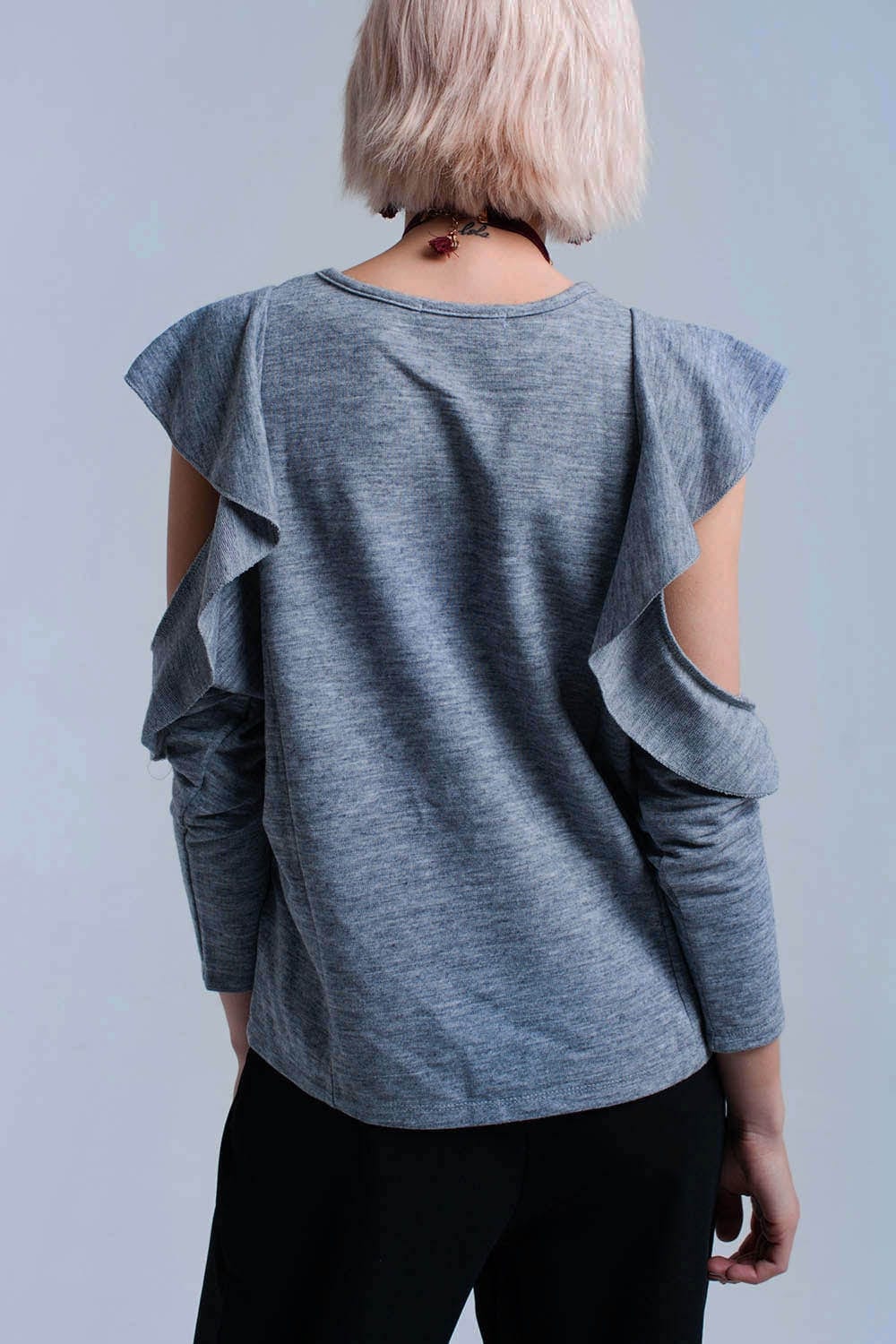 Q2 Women's Blouse Gray top with ruffle and open detail