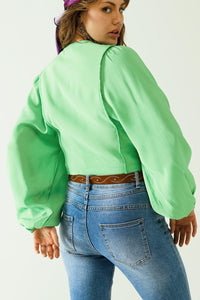 Q2 Women's Blouse Green Blouse With Balloon Sleeves And Frontal Closure With Buttons