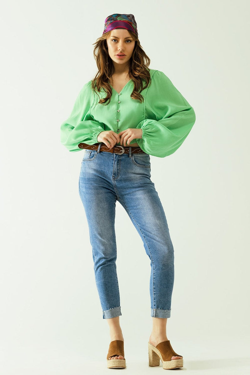 Q2 Women's Blouse Green Blouse With Balloon Sleeves And Frontal Closure With Buttons