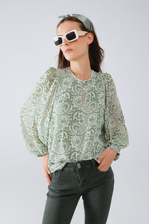 Q2 Women's Blouse Green Chiffon Blouse With Floral Print And Long Balloon Sleeves