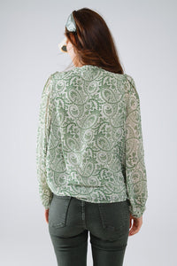 Q2 Women's Blouse Green Chiffon Blouse With Floral Print And Long Balloon Sleeves