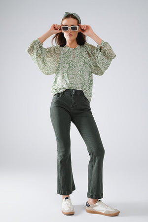 Q2 Women's Blouse Green Chiffon Blouse With Floral Print And Long Balloon Sleeves