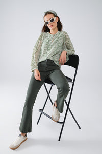 Q2 Women's Blouse Green Chiffon Blouse With Floral Print And Long Balloon Sleeves