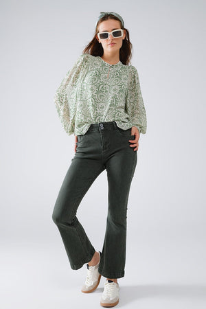 Q2 Women's Blouse Green Chiffon Blouse With Floral Print And Long Balloon Sleeves