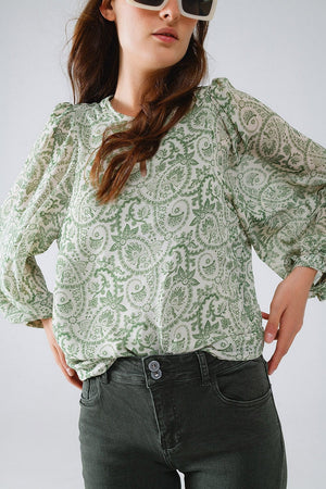 Q2 Women's Blouse Green Chiffon Blouse With Floral Print And Long Balloon Sleeves