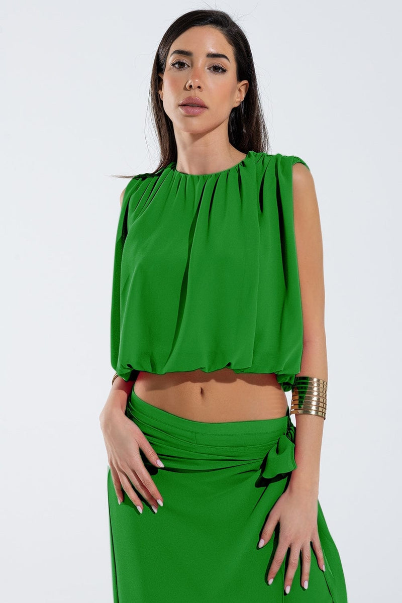 Q2 Women's Blouse Green Chiffon Top With Ruche Design